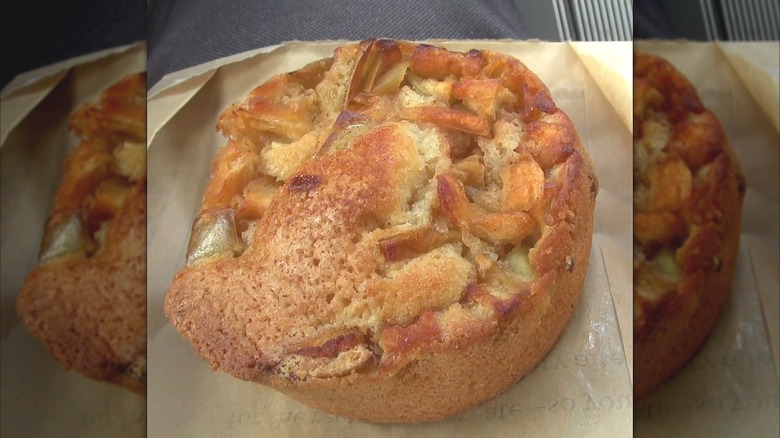 Close-up of the apple pound cake on its Starbuck's wrapper