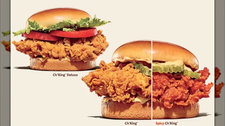 The Ch'King Deluxe burger and a burger with two halves, the Ch'King and Spicy Ch'King burger.