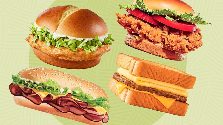Four fast food sandwiches, the grilled McDonald's chicken sandwich, the Ch'King, the Yumbo and the French Toaster Breakfast sandwich on a green background.