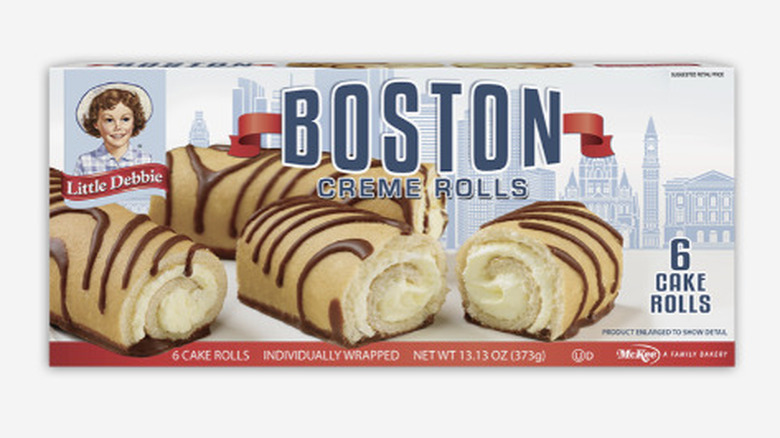 Box of Little Debbie Boston Creme Rolls on a white background