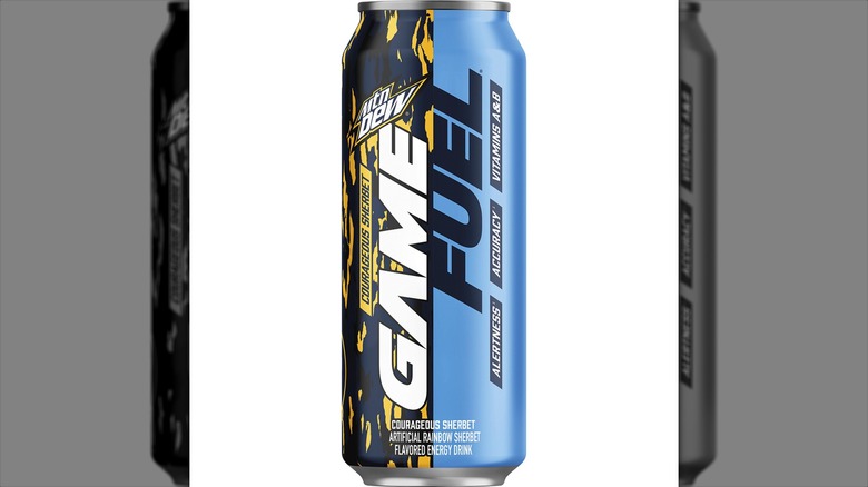A 16-ounce can of Mountain Dew Game Fuel Courageous Sherbet flavor