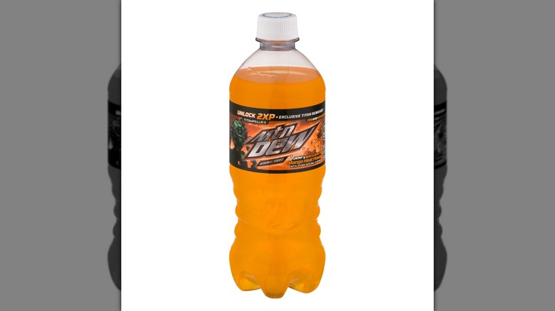 A 20-ounce bottle of Mountain Dew Game Fuel Mango Heat flavor