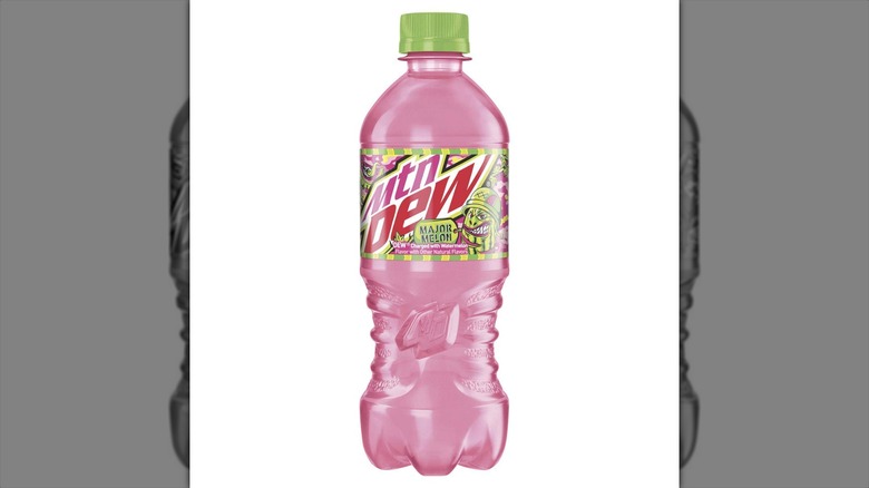 A 20-ounce bottle of Mountain Dew Major Melon flavor