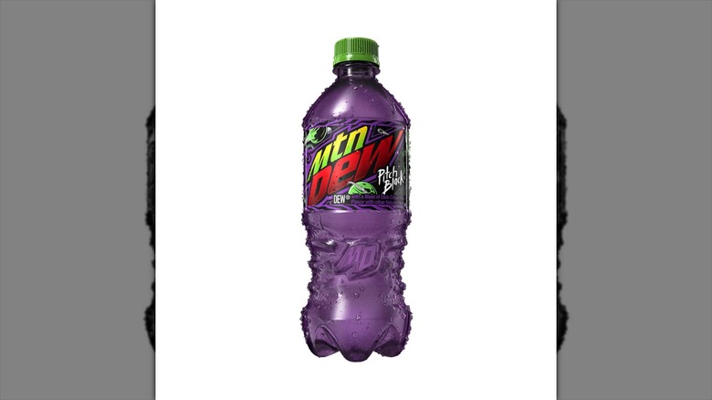 A 20-ounce bottle of Mountain Dew Pitch Black flavor