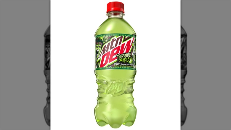 A 20-ounce bottle of Mountain Dew Thrashed Apple flavor