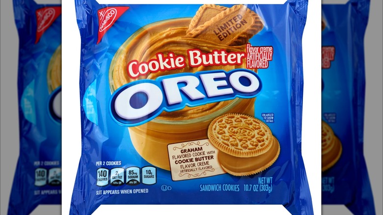 A packet of Cookie Butter Oreos on a white background