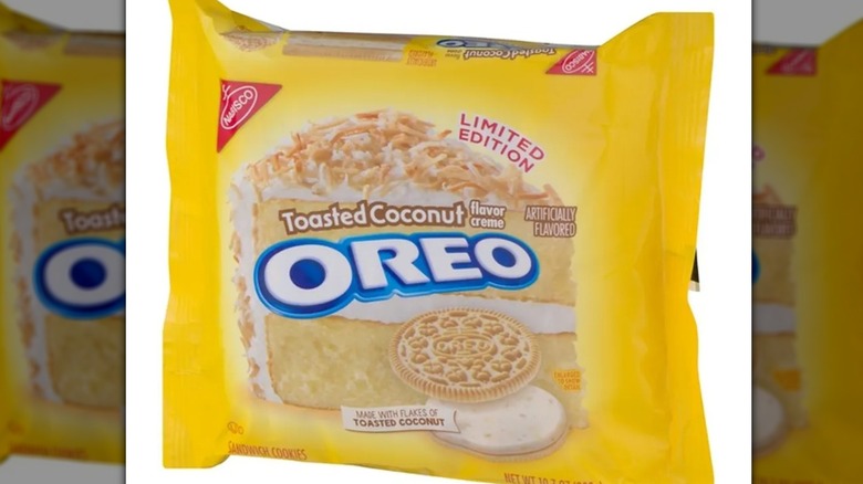 A yellow Toasted Coconut Oreo package on a white background