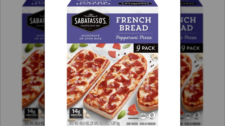 A package of Sabatasso's French Bread Pepperoni Pizzas