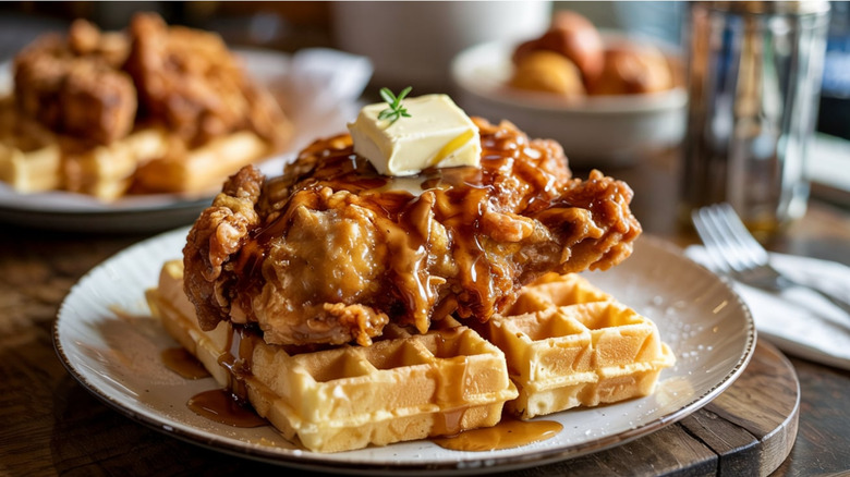 A plate of chicken and waffles with syrup and butter
