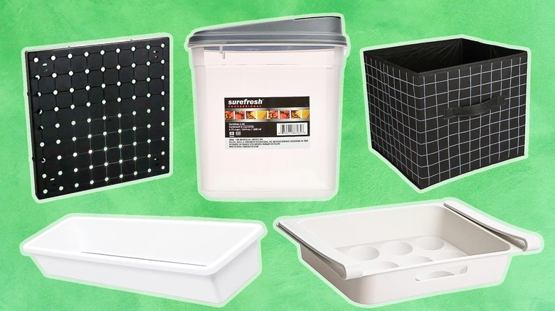 A pegboard, a dry goods container, a collapsible storage bin, a drawer organizer, and an egg holding shelf on a green background