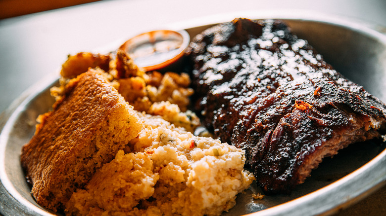 Carolina barbecue on a plate with corn bread