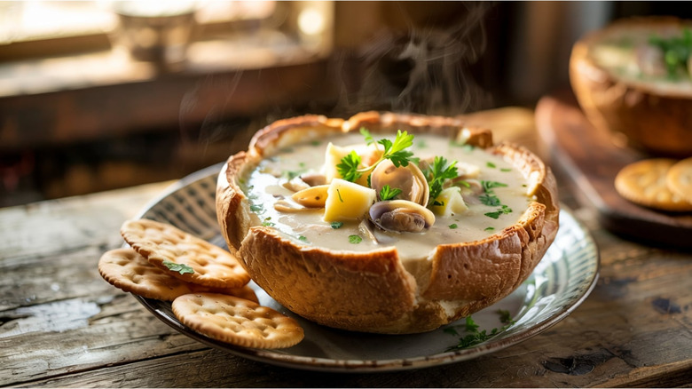 New England clam chowder in a bread bowl