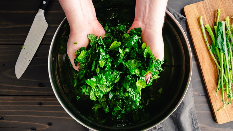 Person massaging kale with fingers