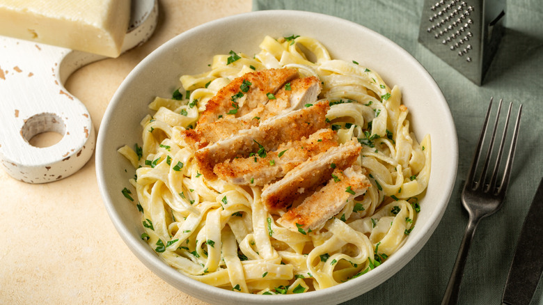 Chicken in a dish with pasta