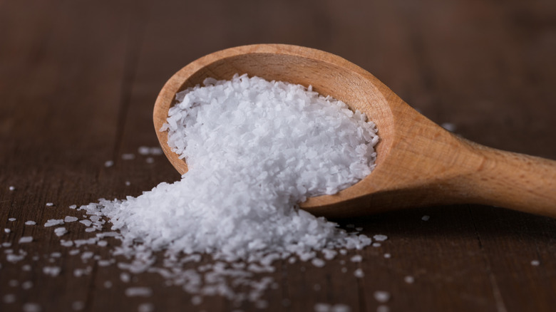 kosher salt spilling from wooden spoon