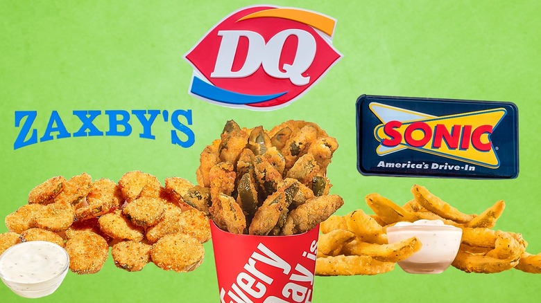 fast food fried pickle products against green background