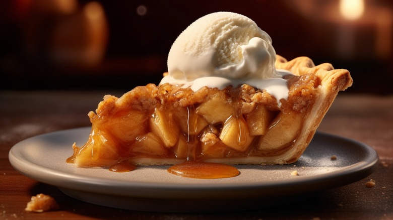 A slice of apple pie topped with vanilla ice cream