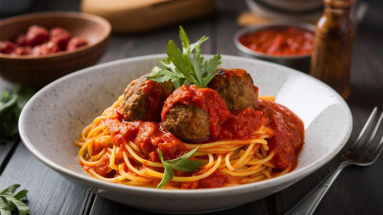 A bowl of spaghetti and meatballs with fresh herbs on top