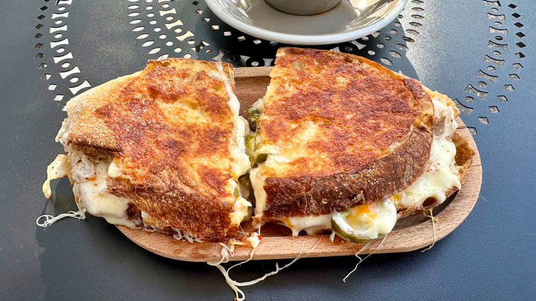 Grilled cheese sandwich with golden brown topping