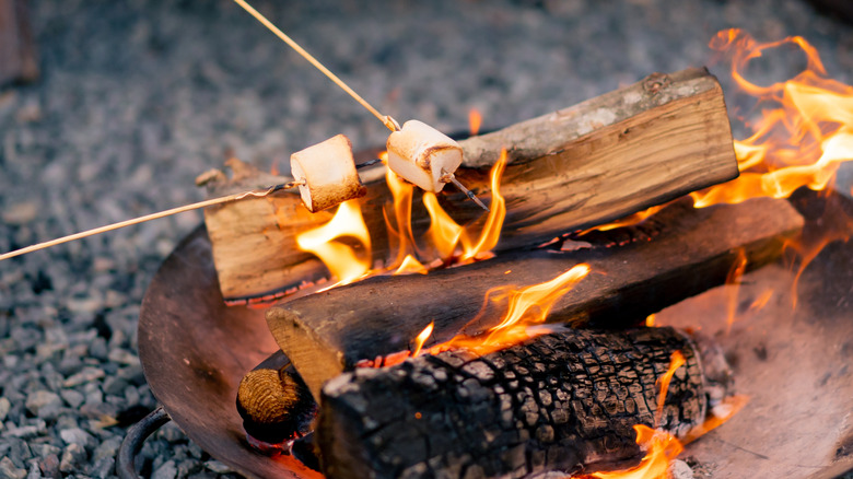 Marshmallows being roasted on an open fire