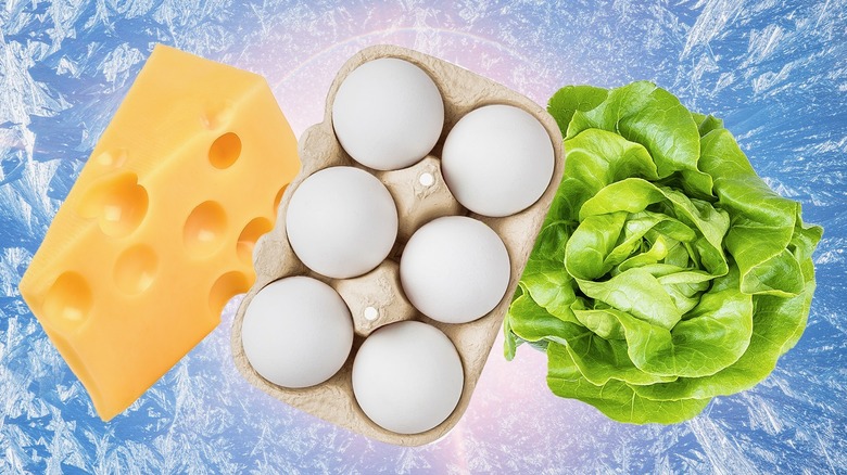cheese, eggs, and lettuce on blue background