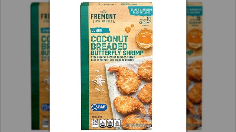 A box of Fremont Fish Market Coconut Breaded Butterfly Shrimp