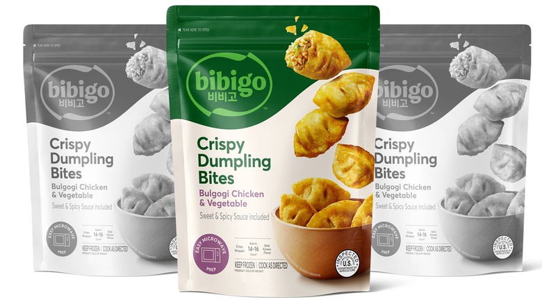 A package of Bibigo Bulgogi Chicken & Vegetable Frozen Dumpling Bites flanked by two greyscale low opacity versions of the same packaging