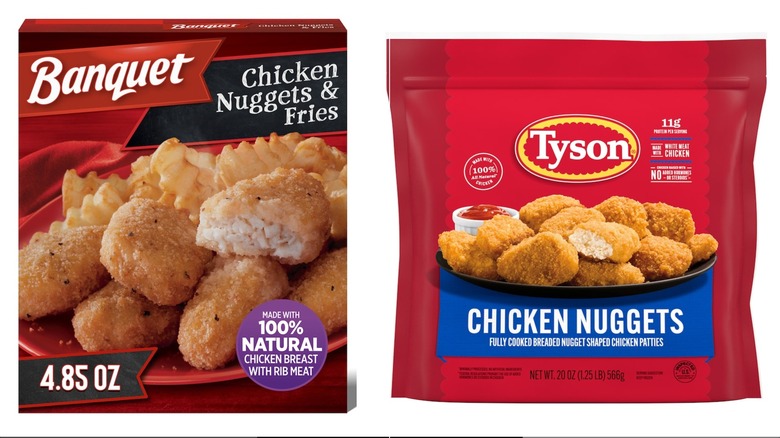 Stock photo of Banquet Chicken Nuggets & Fries beside a stock photo of a package of Tyson Chicken nuggets