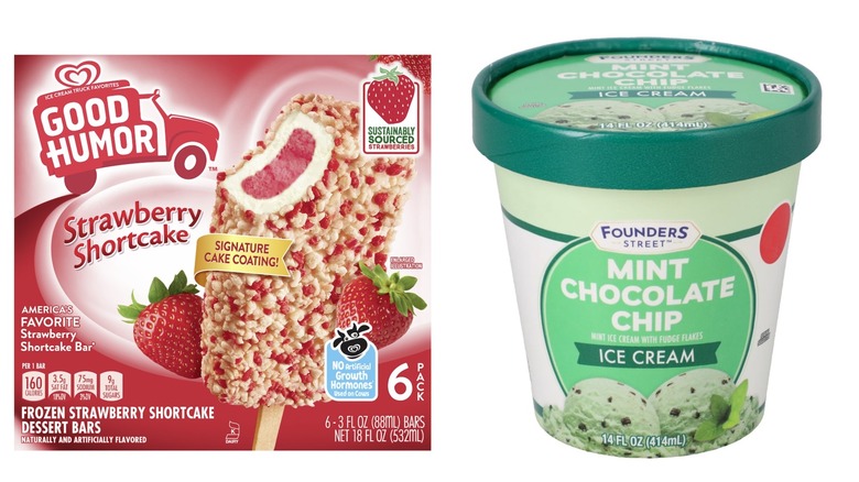 A box of Good Humor Strawberry Shortcake bars and a 14-ounce package of Founders Street Mint Chocolate Chip ice cream