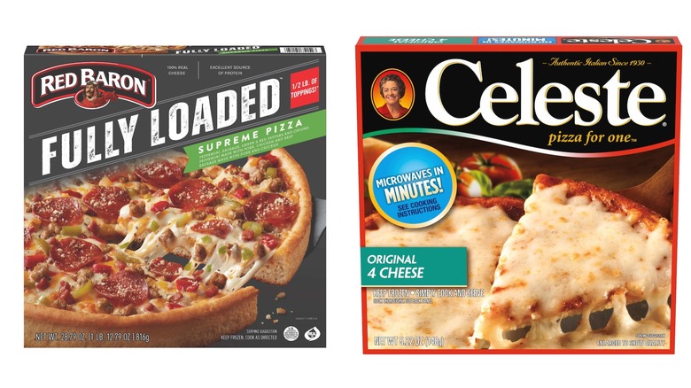A box of Red Baron Fully Loaded Supreme Pizza beside a box of Celeste original 4 cheese pizza for one