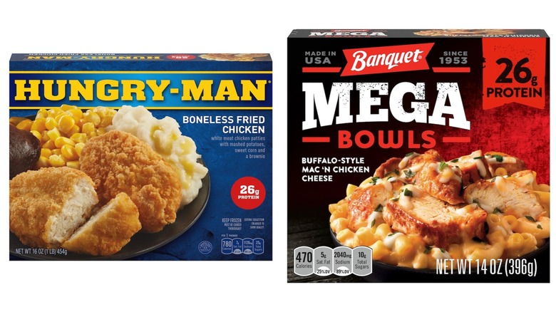 A Hungry-Man boneless fried chicken package next to a Banquet Mega Bowls buffalo-style mac 'n chicken cheese package