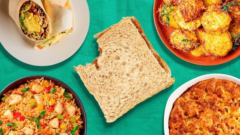 Leftover dishes on teal-colored background