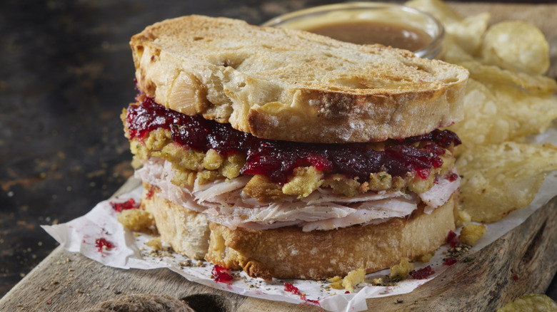 Turkey and cranberry sandwich with potato chips
