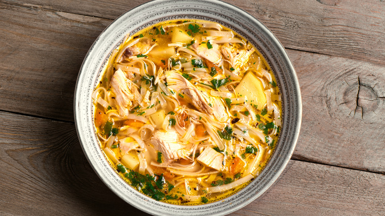 Bowl of homemade soup with chicken