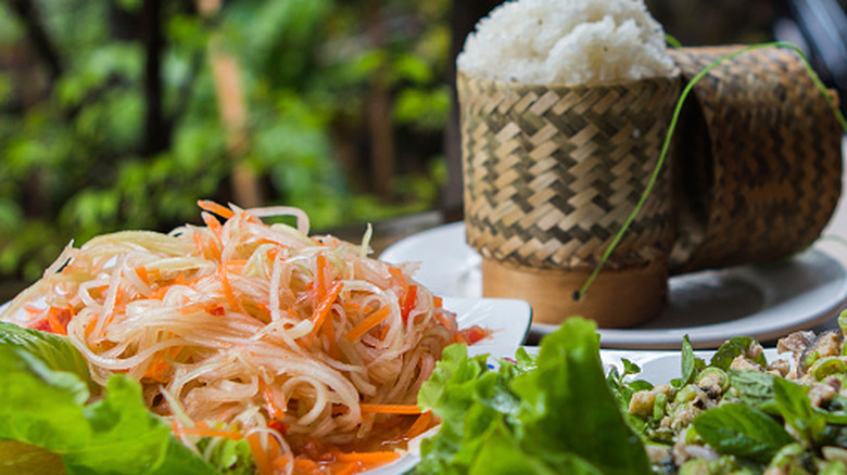 Papaya salad, fish larb, and rice on a table in Laos
