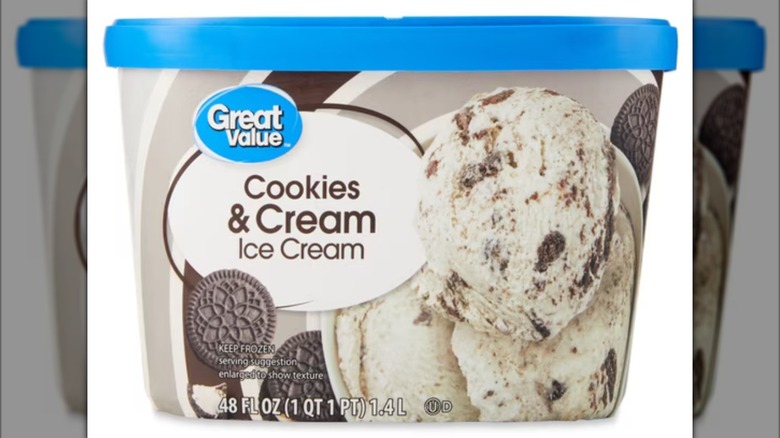A tub of Great Value Cookies & Cream Ice Cream from Walmart