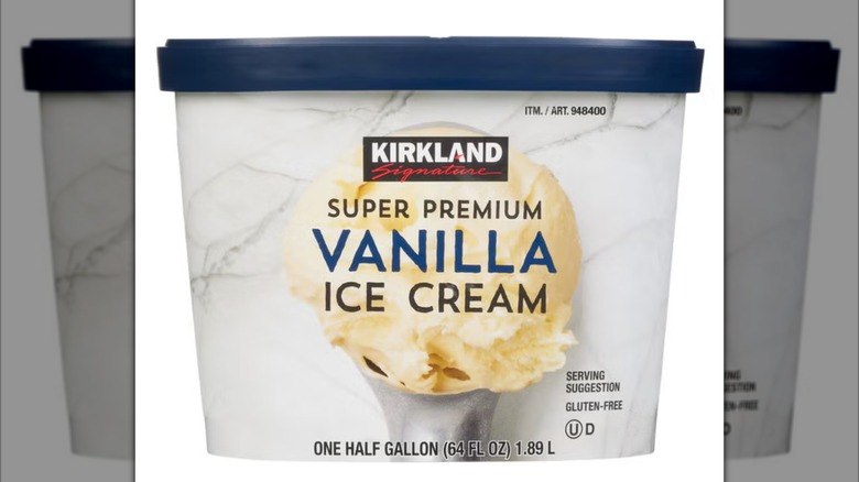 A package of Kirkland Signature Super Premium Vanilla Ice Cream from Costco