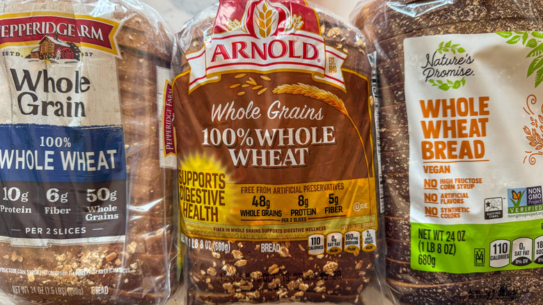 Close-ups of whole wheat labels on bread bags