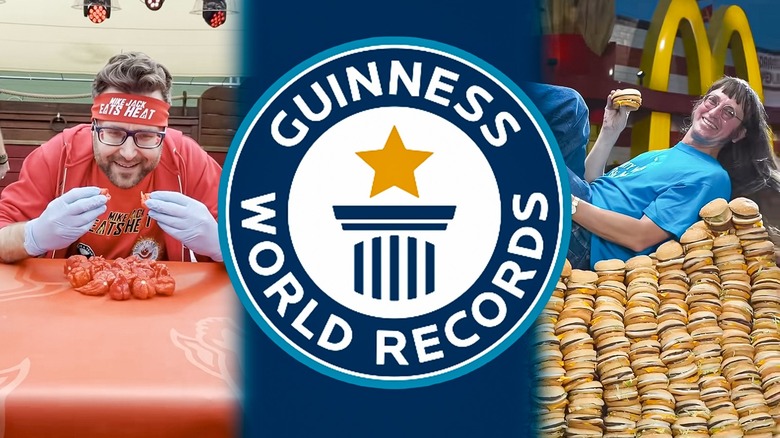 Composite photo showing Mike Jack with Carolina Reaper chilis on the left, the Guinness World Record seal in the middle, and Don Gorske lounging on a pile of Big Macs on the right