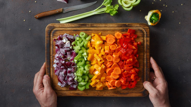 person holding a cutting board with diced red onions, celery, orange and red peppers, and carrots, each spread in a line and a knife nearby