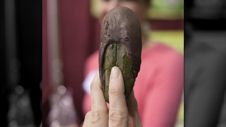 chocolate dipped pickle in hand