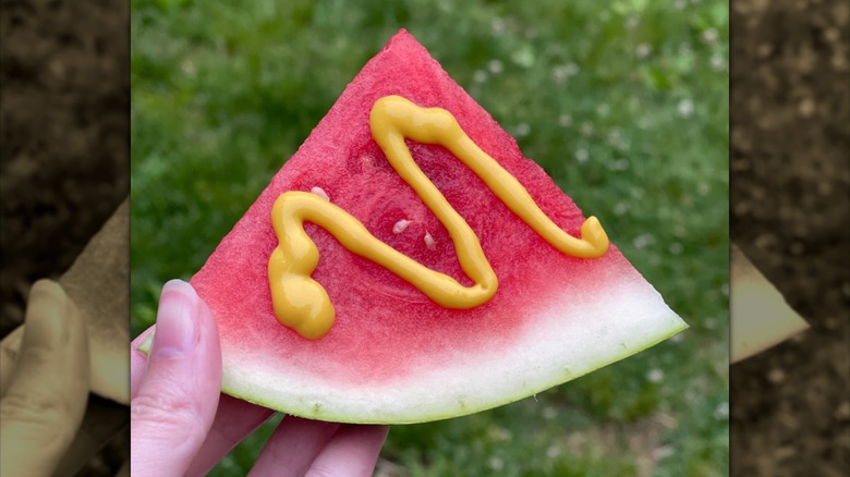 slice of watermelon with a squiggle of mustard