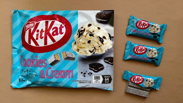 Opened bag of Cookies & Cream Kit Kats surrounded by individually wrapped pieces