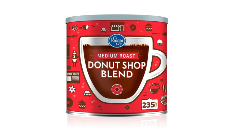 A large red tin of Kroger's medium roast Donut Shop Blend coffee