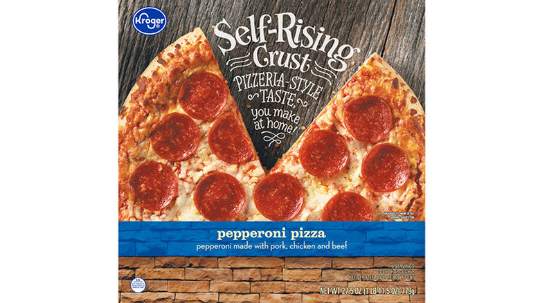 A box of Kroger self-rising frozen pizza