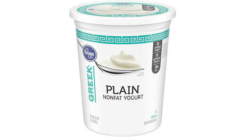 A tub of Plain Nonfat Greek yogurt from Kroger