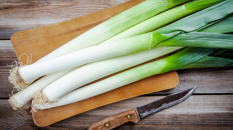 Leeks on cutting board
