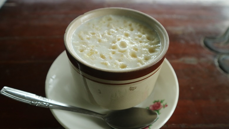 Cup of tapioca pudding with spoon