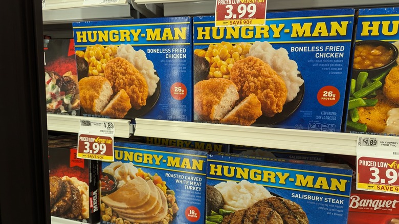 Hungry man frozen meals in grocery store