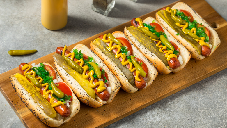 Tray of Chicago-style hot dogs